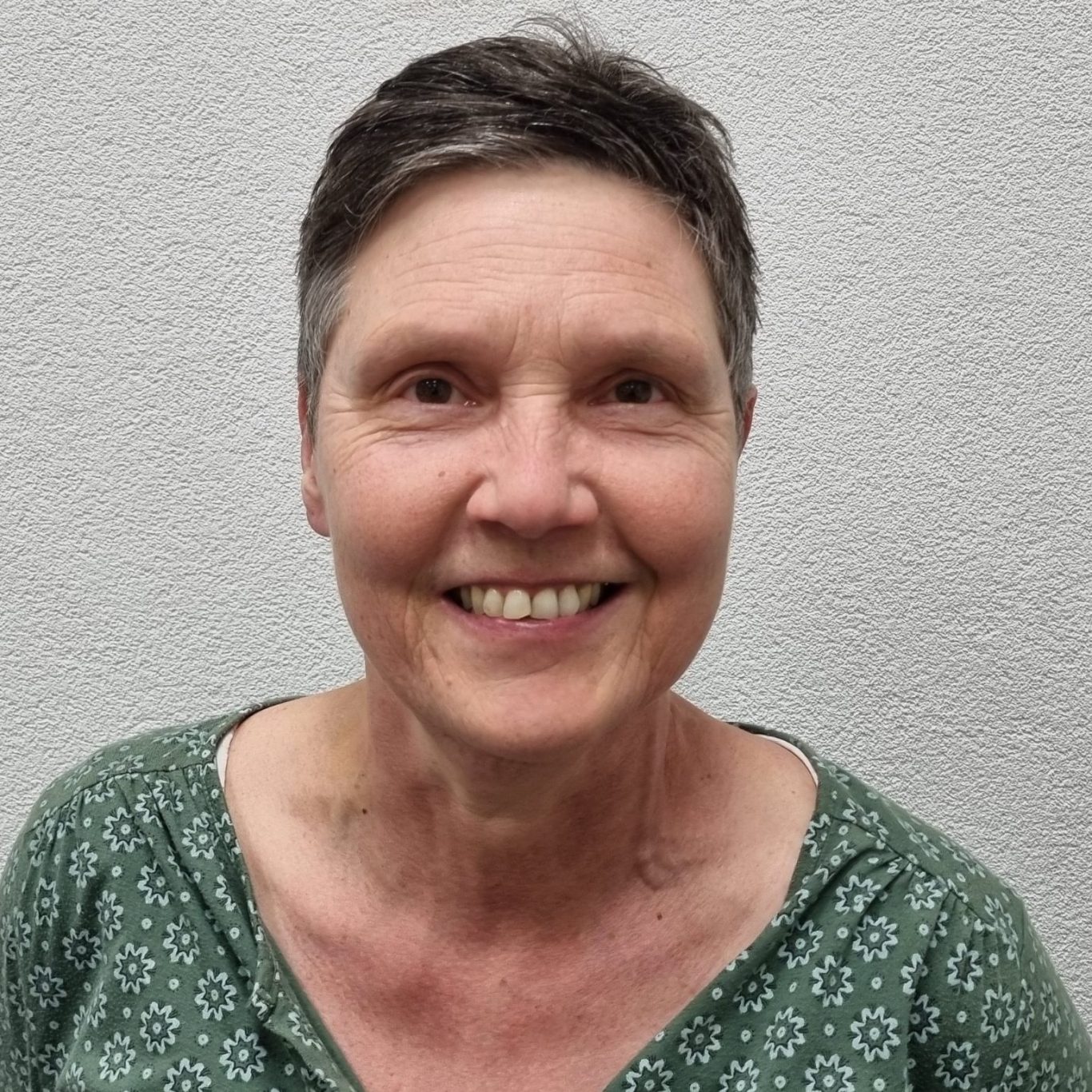 Friederike Ips, Schriftführerin. Lächelnde Frau mit kurzen grauen Haaren und grüner Bluse vor neutralem Hintergrund.