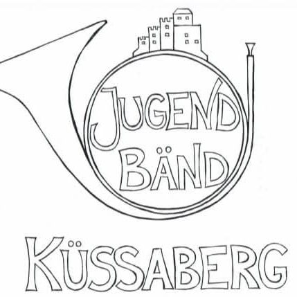 Logo der Jugendbänd Küssaberg mit einer Horn- und Stadtsilhouette.